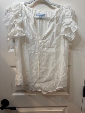 Antonio Melani White Ruffle Sleeve V-Neck Blouse